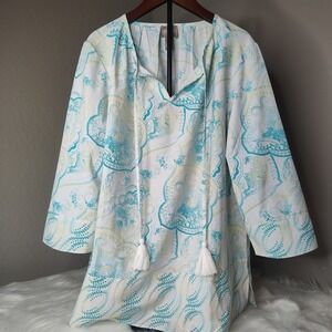 Chicos Shirt Blouse Womens Sz 1 White Turquoise Paisley Tassel‎ Boho Relax